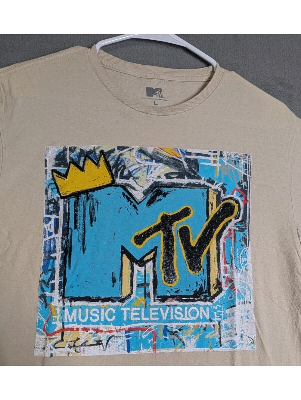 MTV Mens L Beige Basquiat Style Music Television Graffiti Crown Graphic Logo Tee